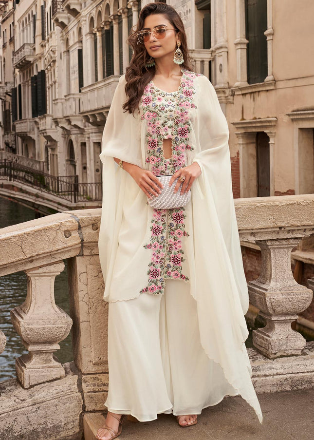 Offwhite Embroidered Jacket Style Sharara Suit