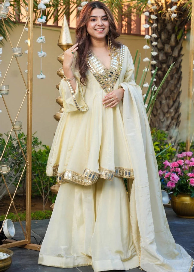 Cream Embroidered Gharara Suit
