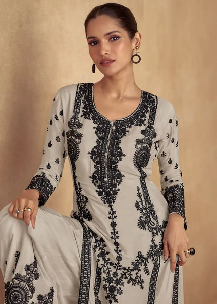 Offwhite Embroidered Sharara Suit