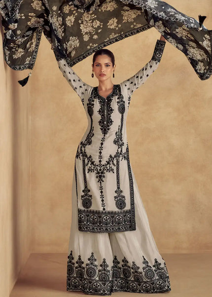 Offwhite Embroidered Sharara Suit