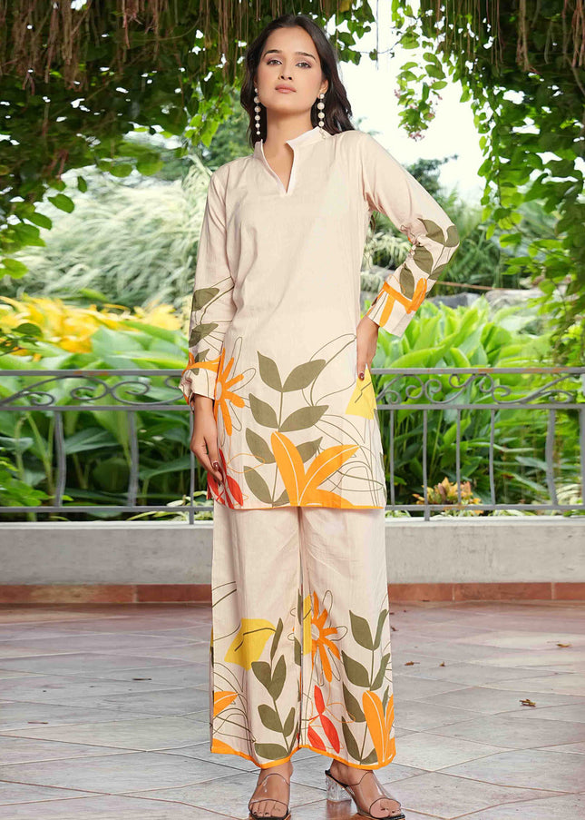 Cream Printed and Embroidered Co-Ord Set