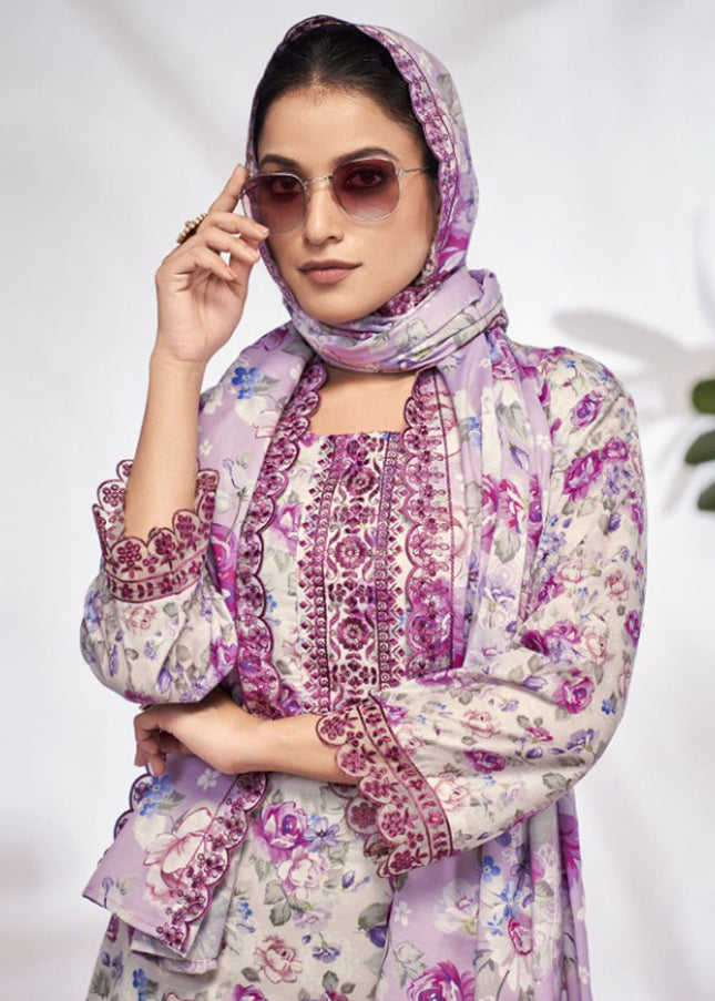 Off White and Lavender  Floral Printed and Embroidered Pant Style Suit