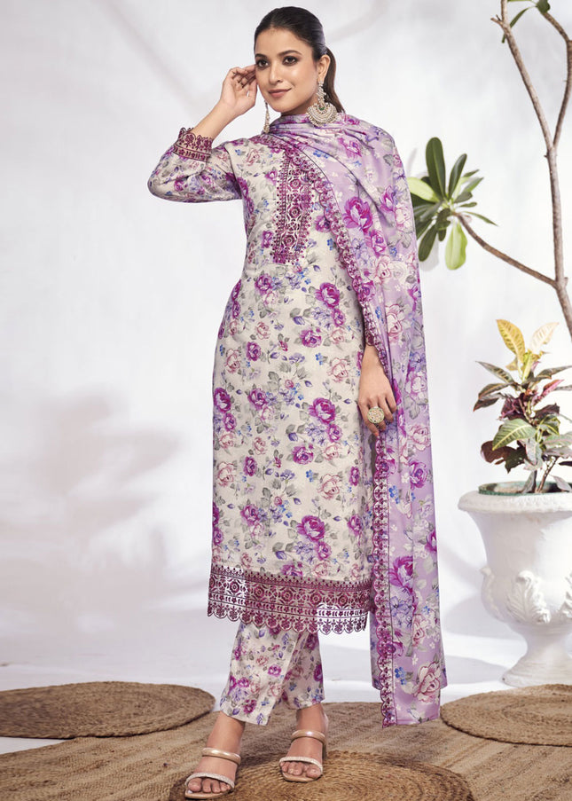 Off White and Lavender  Floral Printed and Embroidered Pant Style Suit