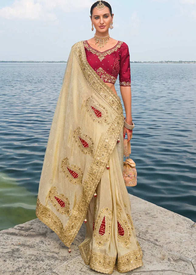 Cream and Red Embroidered Jacqurard Saree