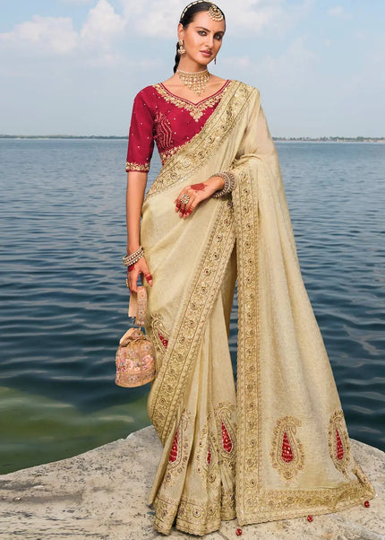 Cream and Red Embroidered Jacqurard Saree