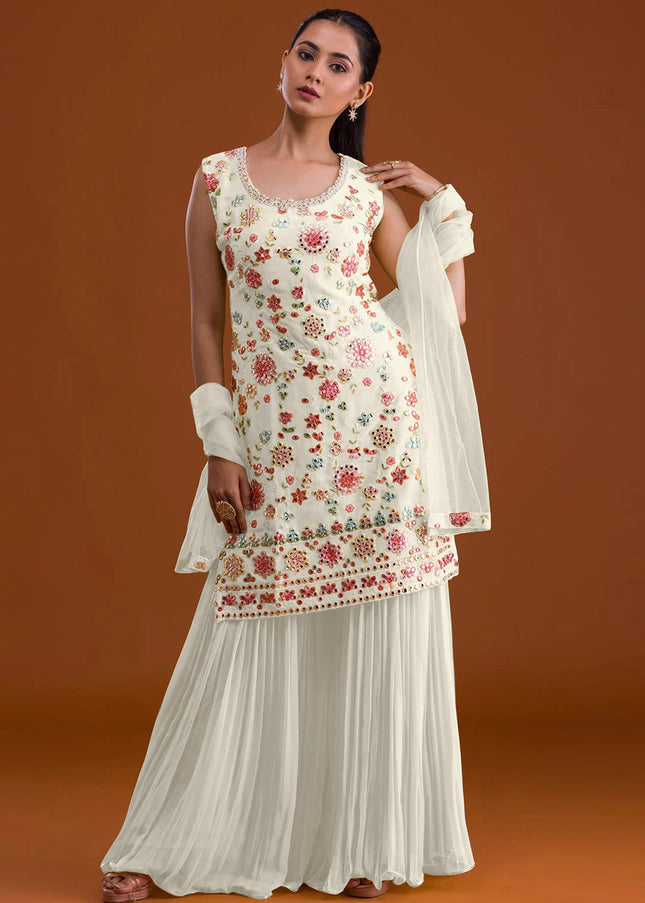 White Embroidered Sharara Suit