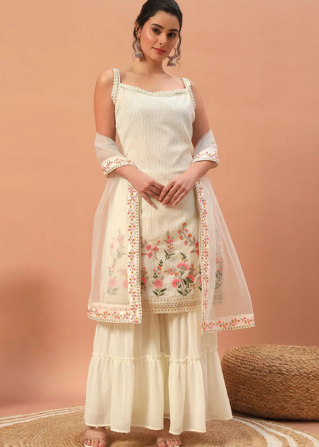 Offwhite Embroidered Gharara Suit