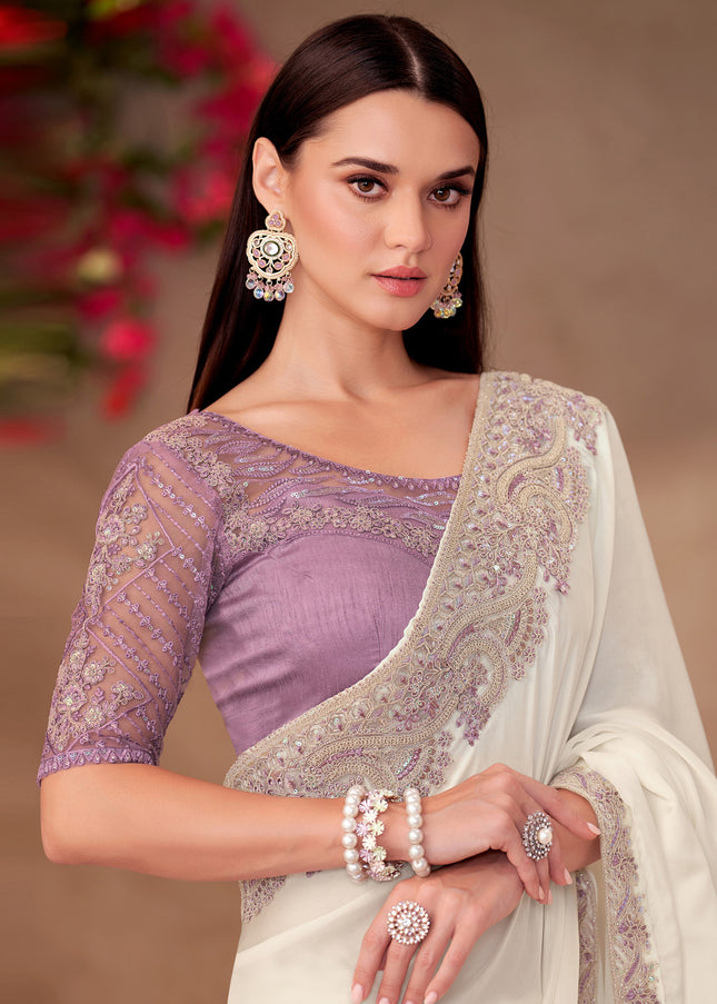Offwhite and Lavender Embroidered Saree