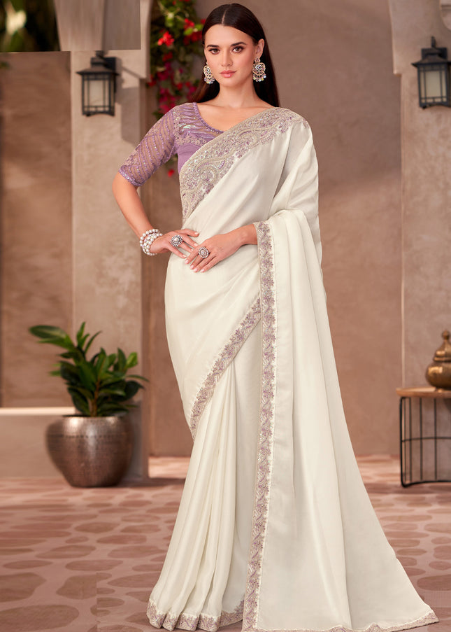 Offwhite and Lavender Embroidered Saree
