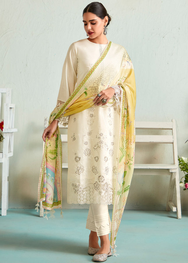 White Embroidered and Digital Printed Pant Style Suit