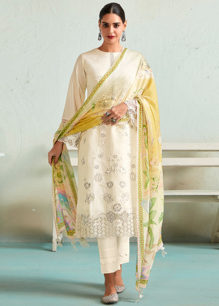 White Embroidered and Digital Printed Pant Style Suit