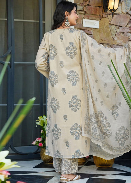 Cream Printed Pant Style Suit
