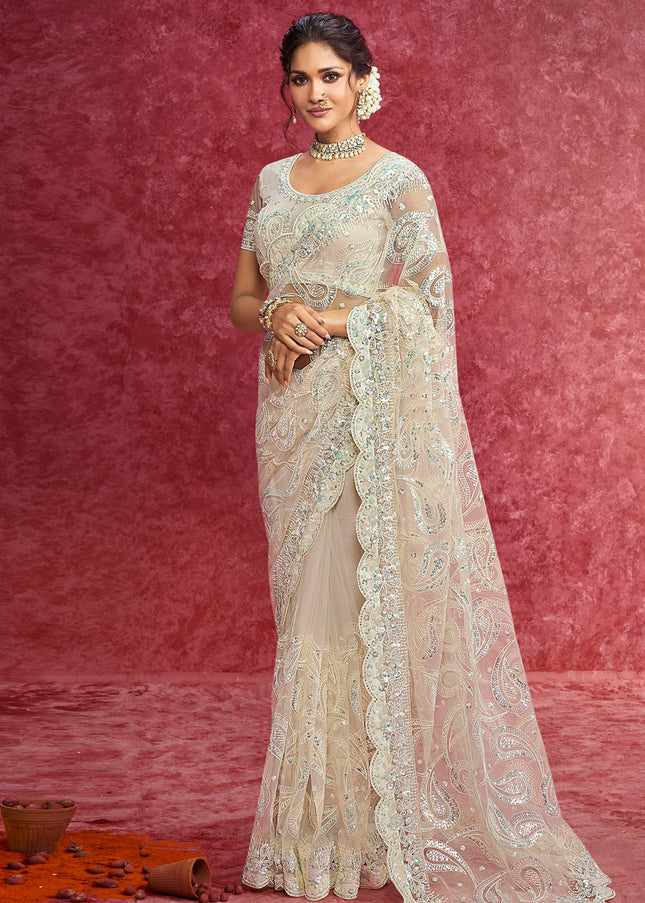 Cream Embroidered Wedding Saree