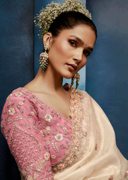 Cream and Pink Embroidered Festive Saree