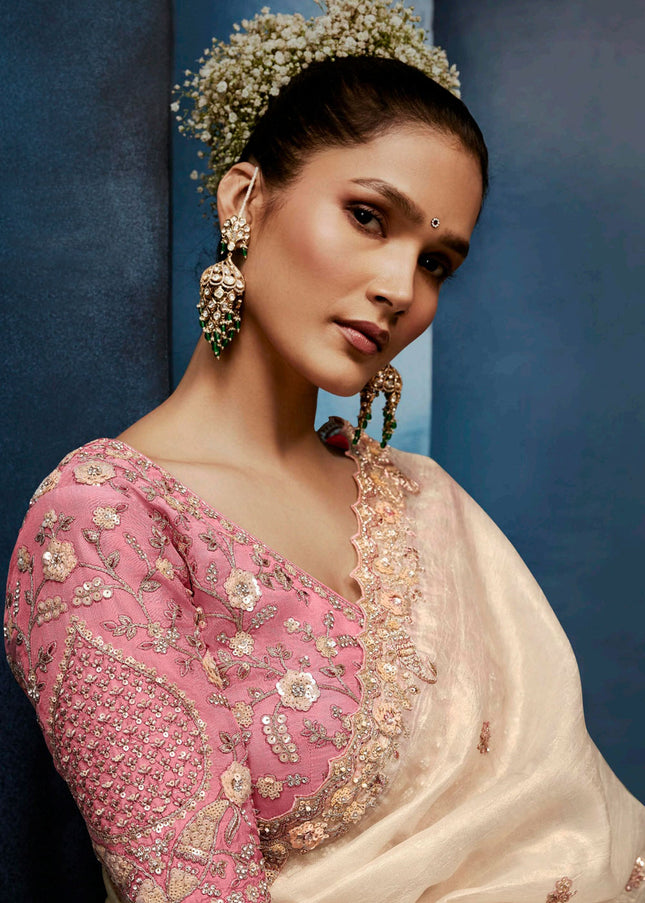 Cream and Pink Embroidered Festive Saree