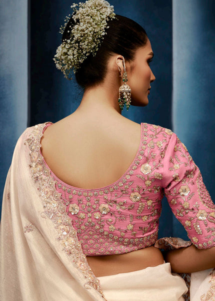 Cream and Pink Embroidered Festive Saree