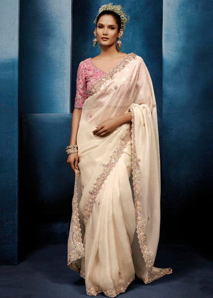 Cream and Pink Embroidered Festive Saree