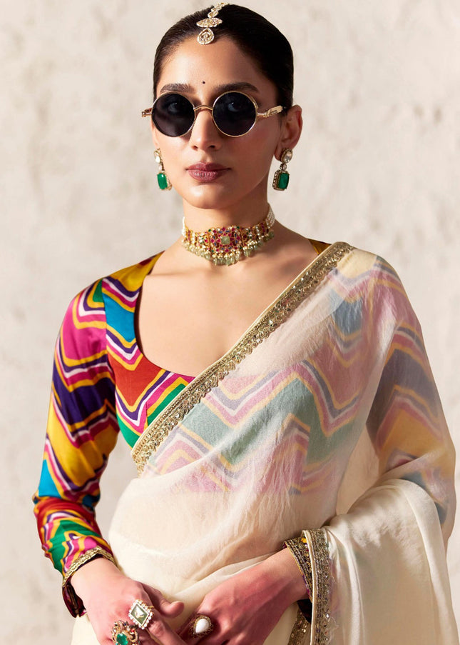 Offwhite Printed and Embroidered Festive Saree