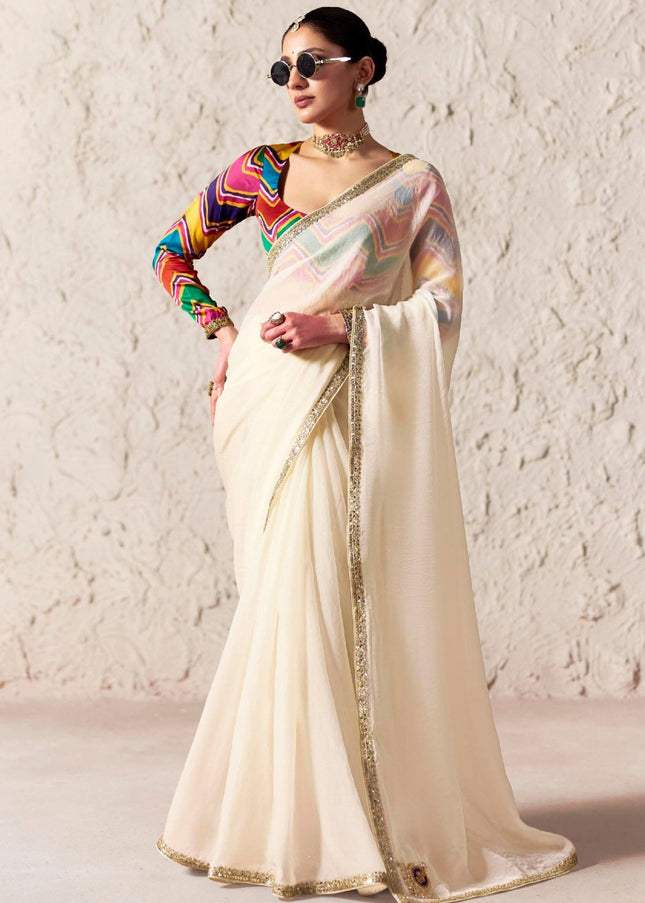 Offwhite Printed and Embroidered Festive Saree