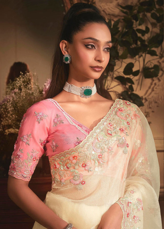 Cream Embroidered Festive Saree