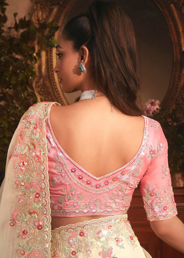Cream Embroidered Festive Saree
