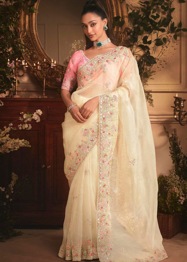 Cream Embroidered Festive Saree