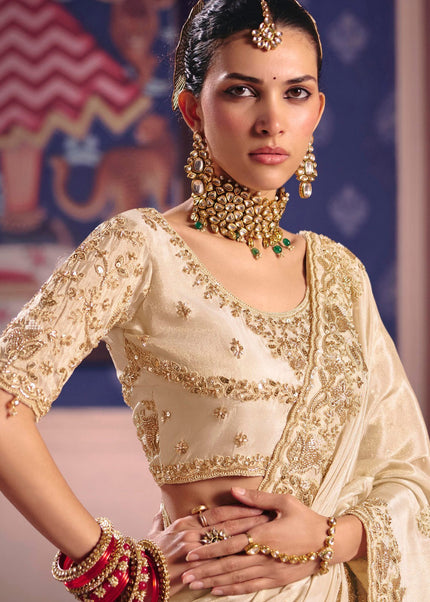Cream Embroidered Wedding Saree