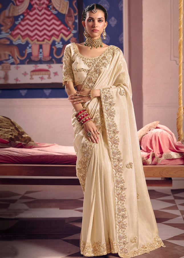 Cream Embroidered Wedding Saree