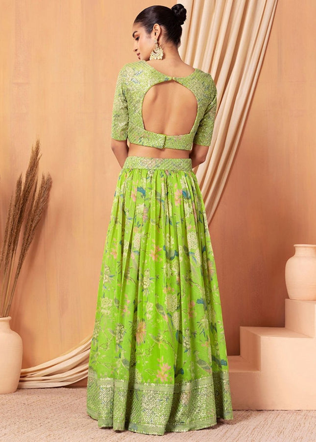 Green Printed and Embroidered Lehenga Choli