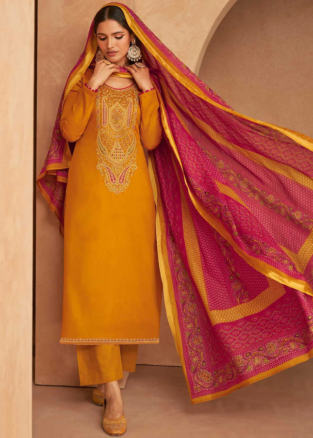 Yellow and Red Embroidered Straight Suit