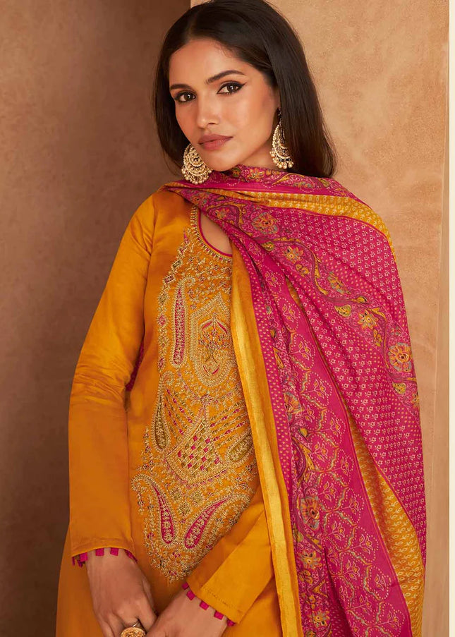 Yellow and Red Embroidered Straight Suit