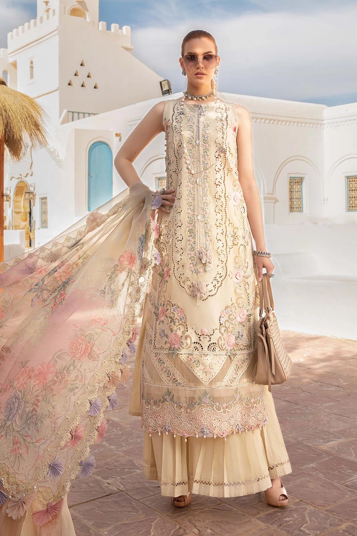 maria b golden dress Maria B 3Pcs Hand Embellished Golden Organza Dress Pakiclothing