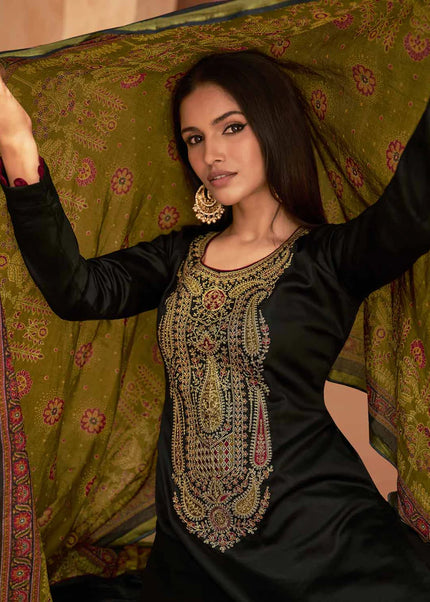Black and Green Embroidered Straight Suit