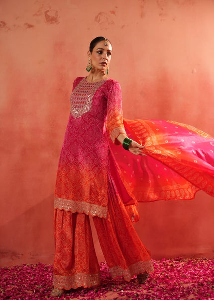 Pink and Orange Embroidered Gharara Suit