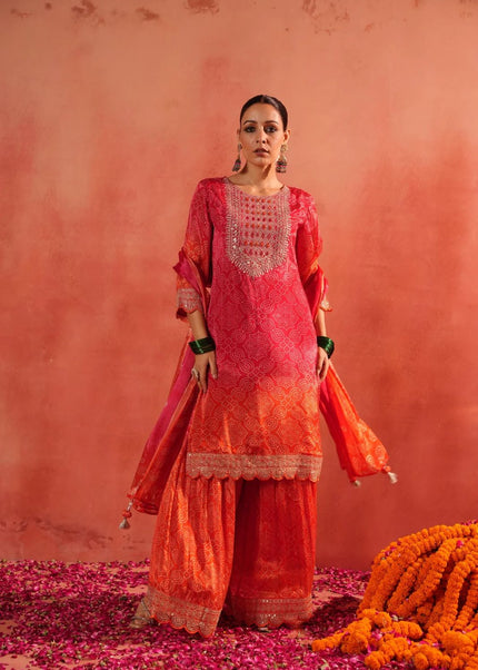 Pink and Orange Embroidered Gharara Suit