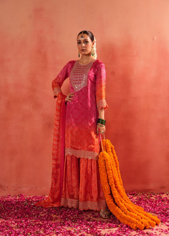 Pink and Orange Embroidered Gharara Suit