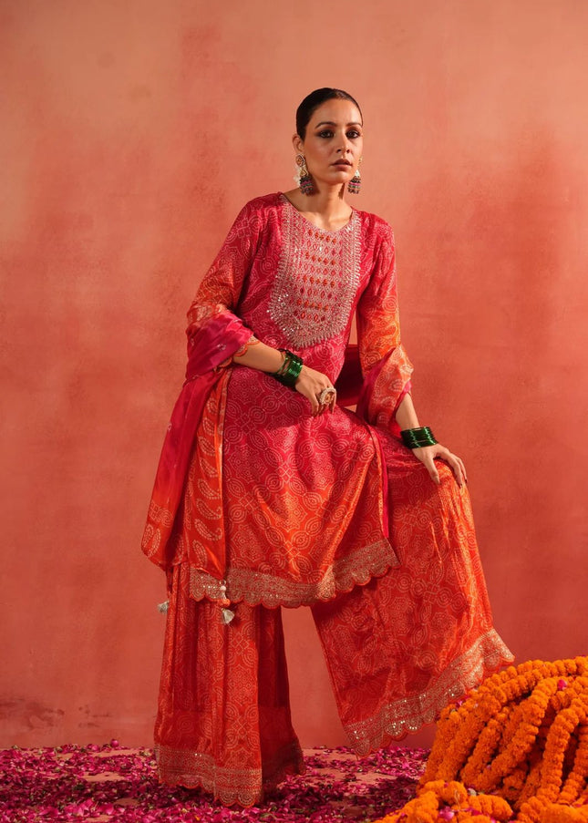 Pink and Orange Embroidered Gharara Suit