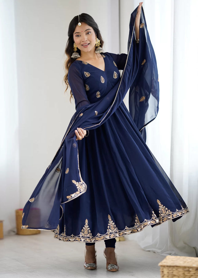 Navy Blue Embroidered Pant Suit