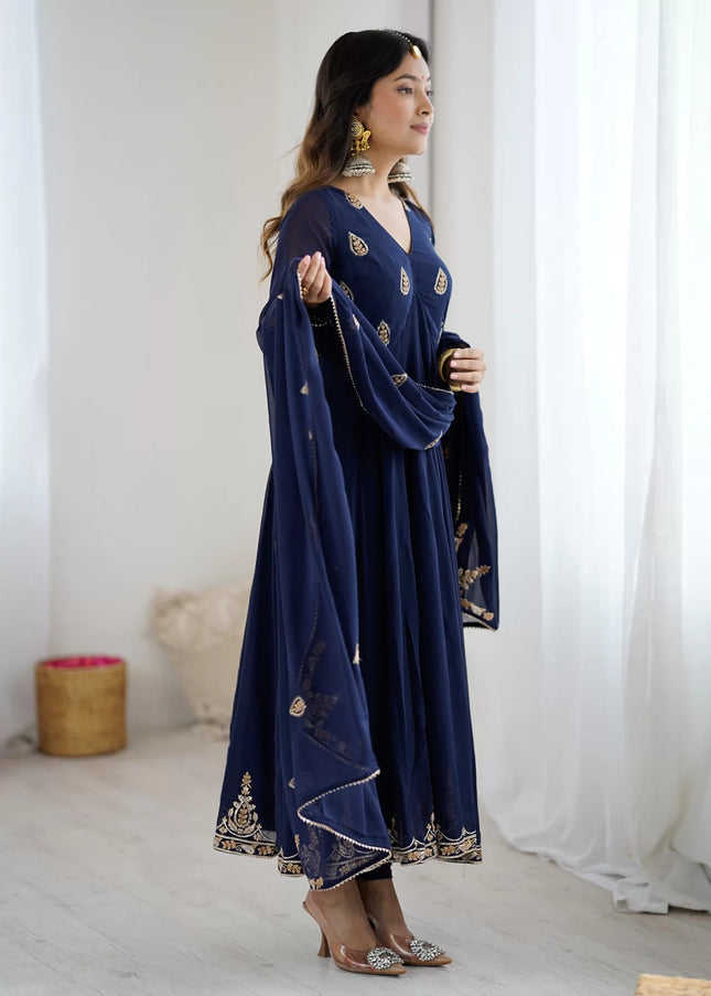 Navy Blue Embroidered Pant Suit