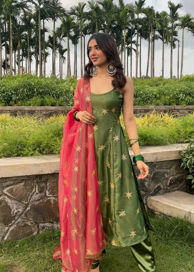 Green Embroidered Pant Suit