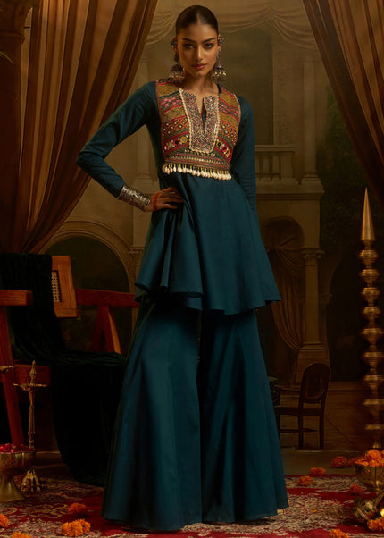Teal Embroidered Sharara Suit
