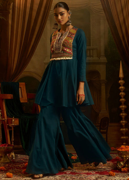 Teal Embroidered Sharara Suit