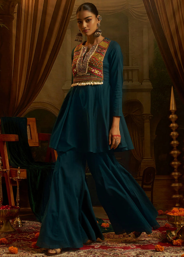Teal Embroidered Sharara Suit