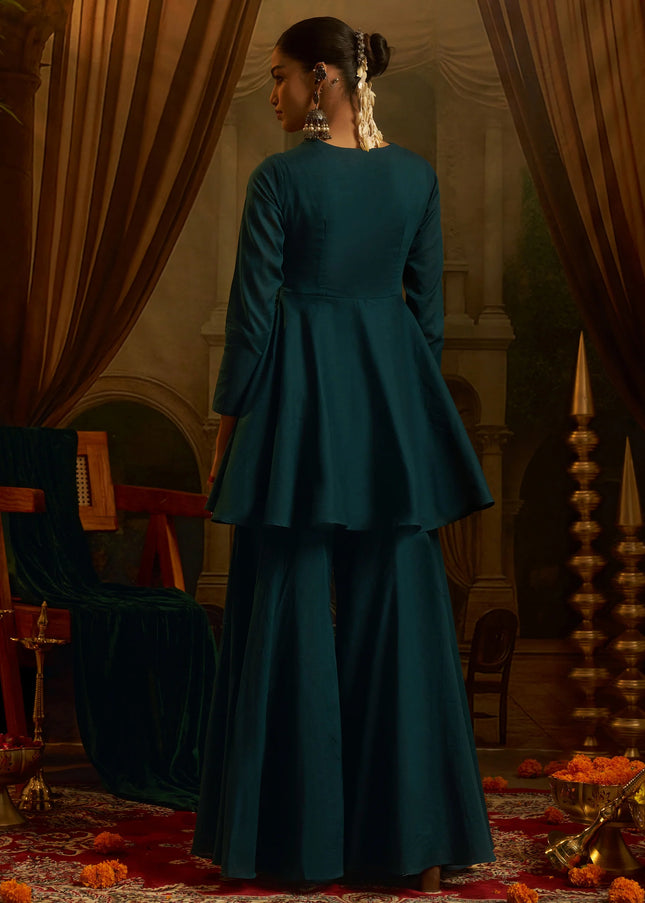 Teal Embroidered Sharara Suit