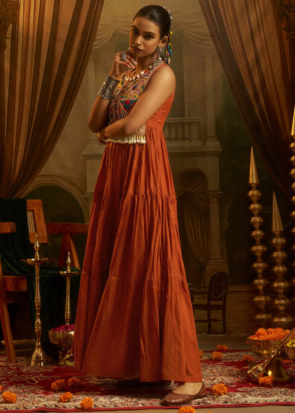 Orange Embroidered Anarkali Gown
