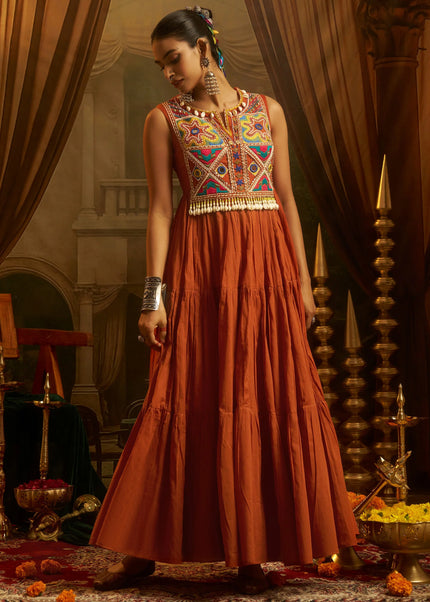 Orange Embroidered Anarkali Gown