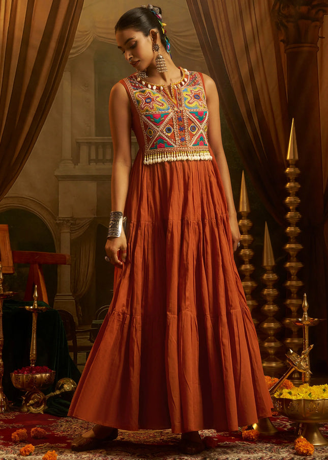 Orange Embroidered Anarkali Gown