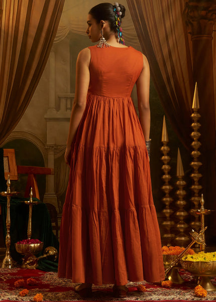 Orange Embroidered Anarkali Gown