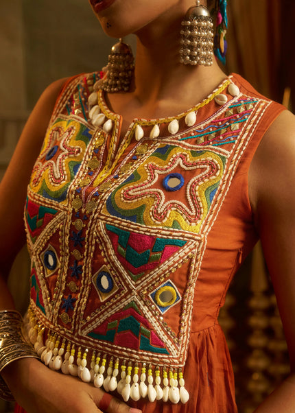 Orange Embroidered Anarkali Gown