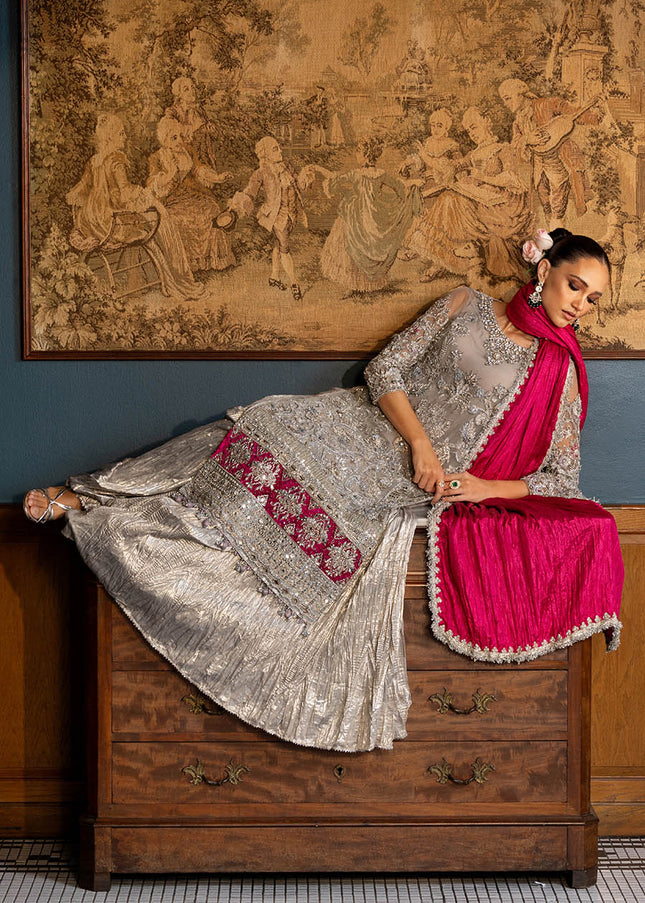 Net with chermause silk Hand Embroidered E-311